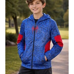 Marvel Boys Spyder Spiderman Riot Hooded Fleece Jacket Size XL Blue Lightweight